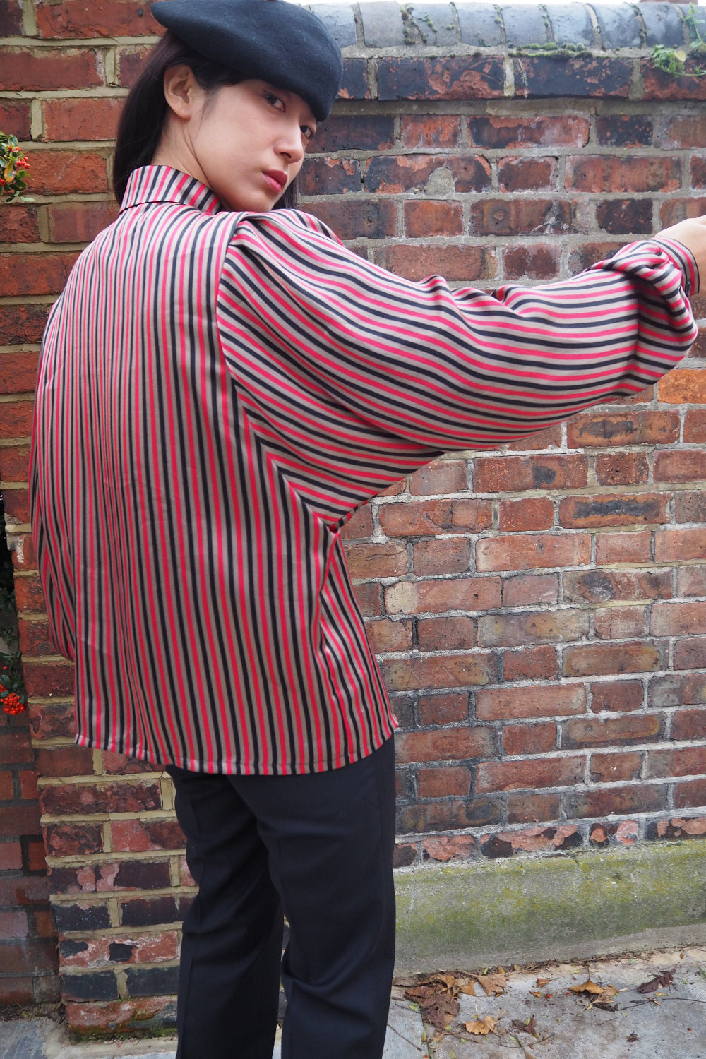 80s Richards Striped Satin Shirt｜英国製 サテンストライプシャツ