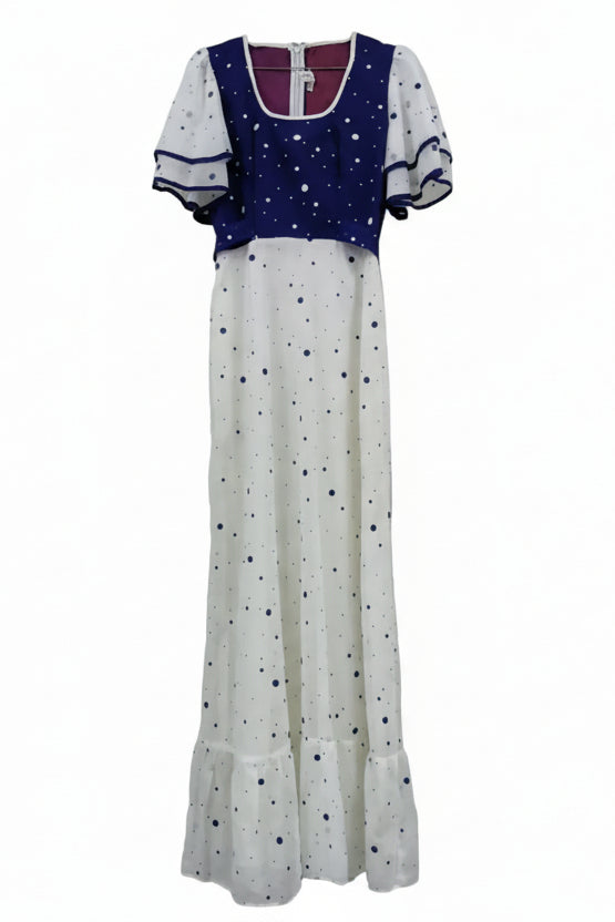 Vintage Richard Shops 70s Sheer Maxi Dress - White Navy Polka Dots