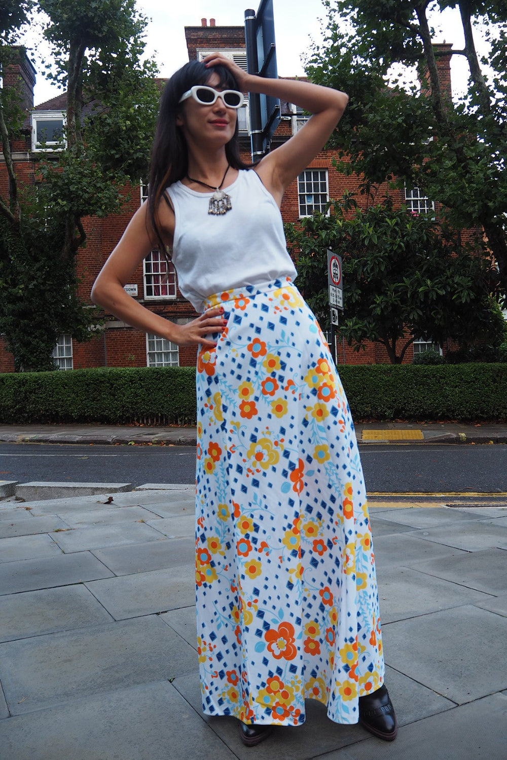 70's Vintage C&A White Floral Polyester Maxi Skirt