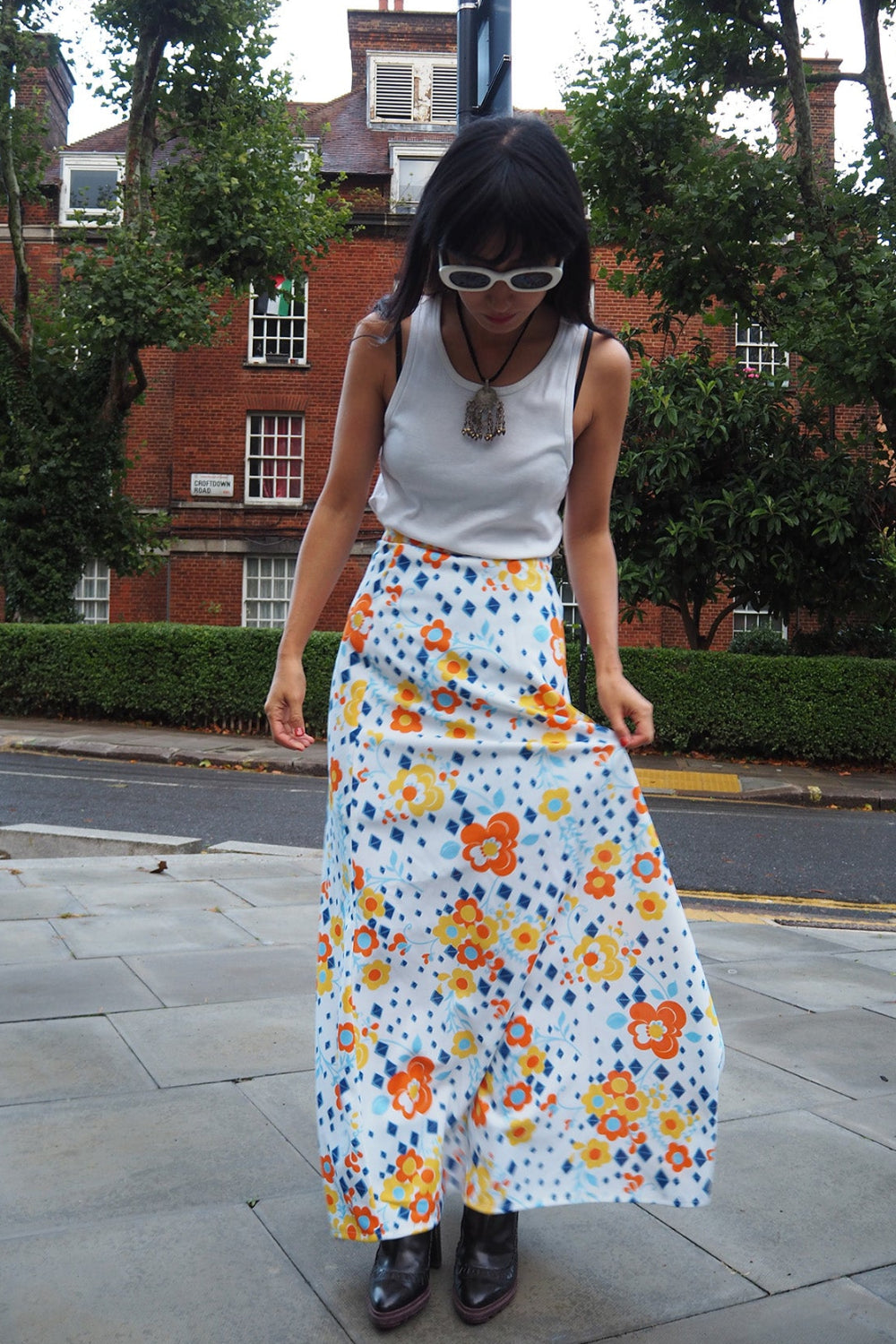 70's Vintage C&A White Floral Polyester Maxi Skirt