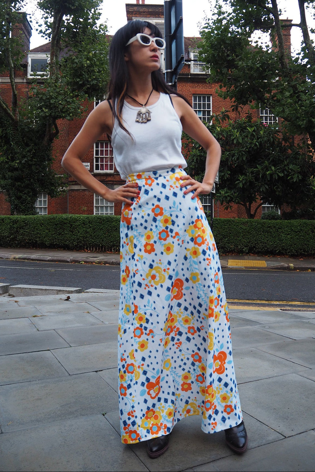 70's Vintage C&A White Floral Polyester Maxi Skirt