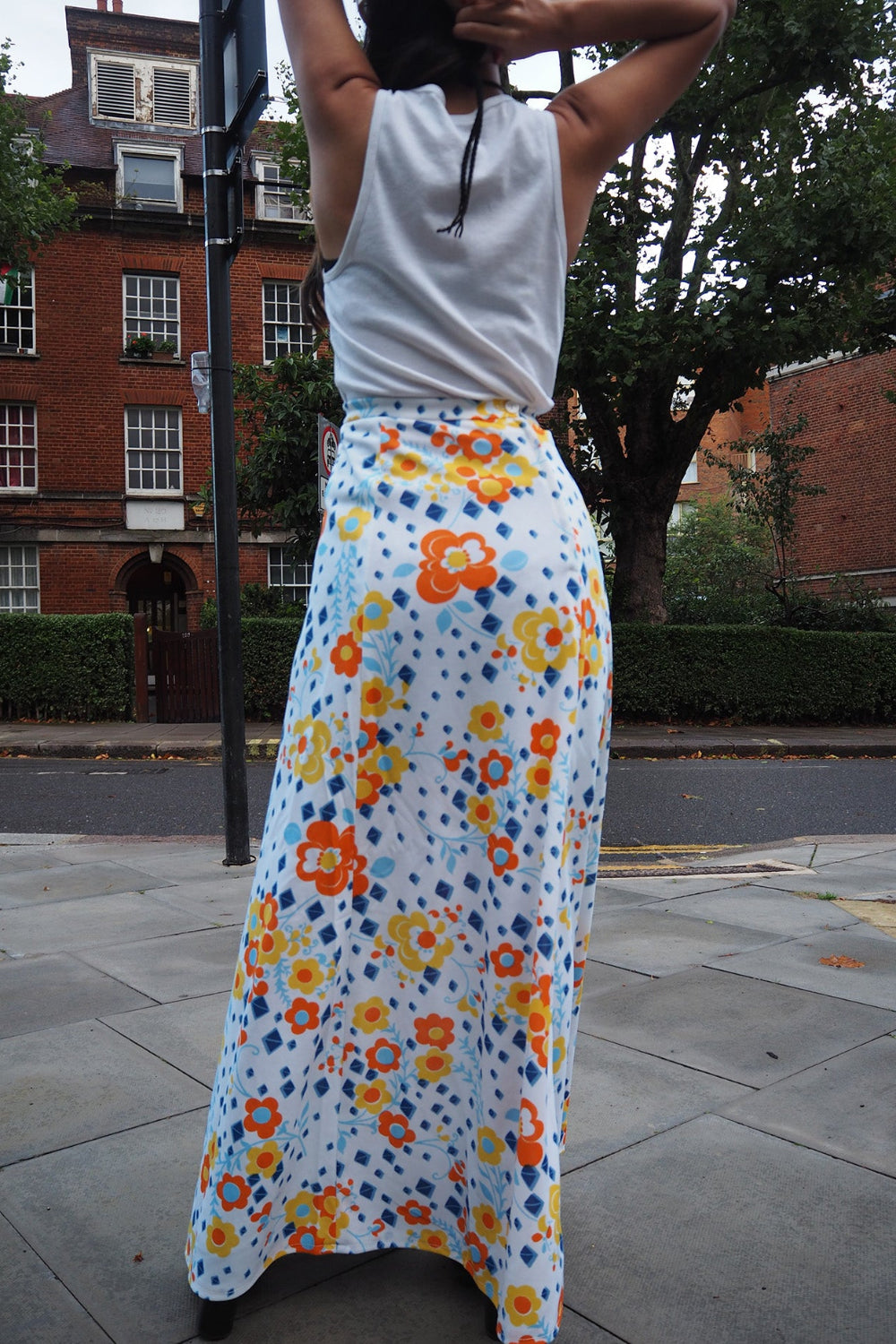 70's Vintage C&A White Floral Polyester Maxi Skirt
