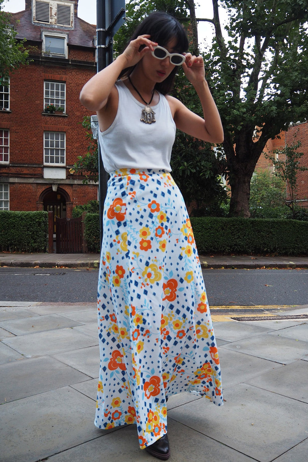 70's Vintage C&A White Floral Polyester Maxi Skirt
