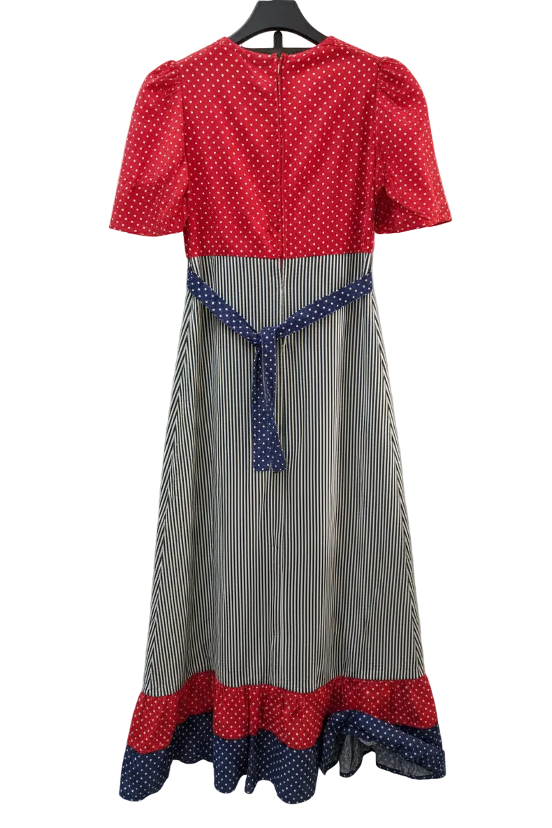 70's Polka Dot Stripe Dress Belgium Vintage | Alice Style Puff Sleeve