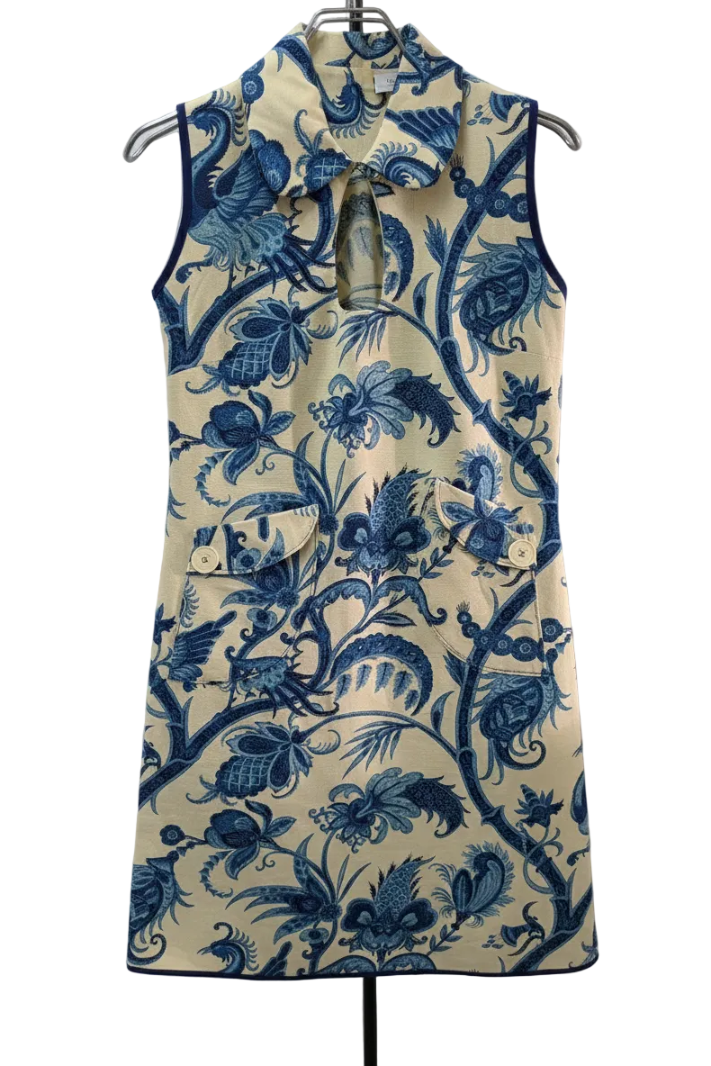 70's Oriental Mini Dress | Blue Floral Vintage Linen Style
