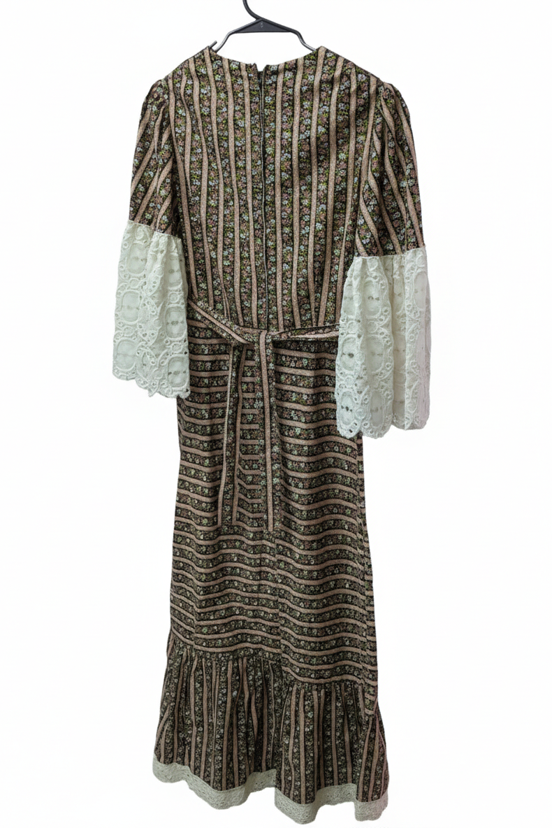 70's Lace Flower Dress Barrie London | Eyelet Lace Bell Sleeve Maxi