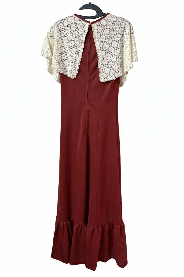 70's Lace Maxi Dress London Vintage | Bordeaux Cape Sleeve Stretch Dress