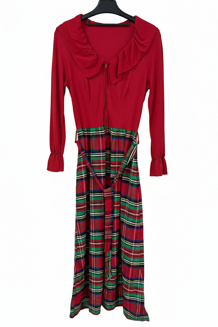 70's Plaid Maxi Dress London Vintage | Red Madras Check Ruffle Dress