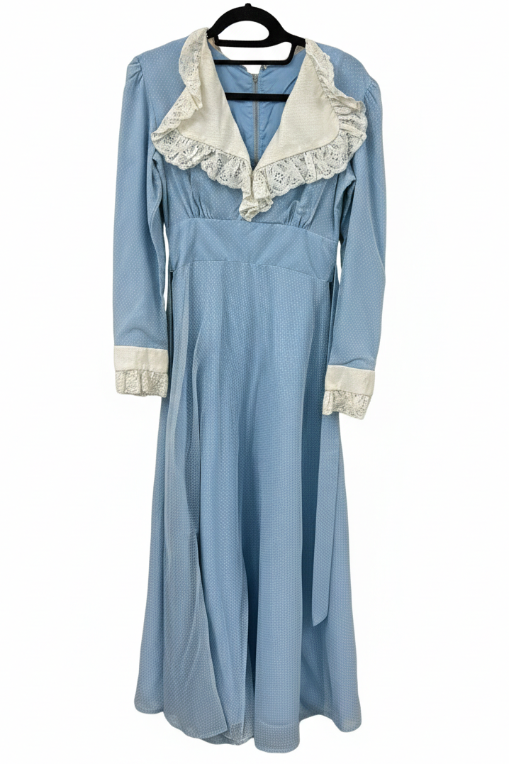 70's Victorian Dress London Vintage | Romantic Polka Dot Lace Maxi Dress