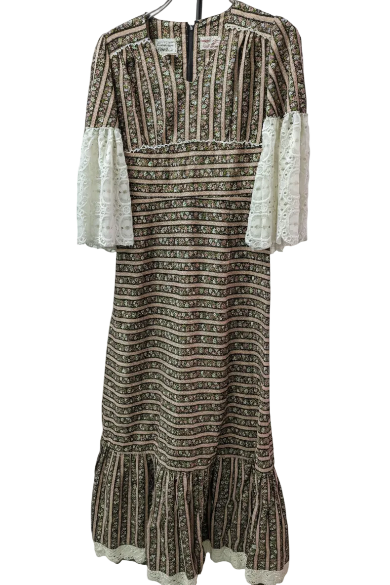 70's Lace Flower Dress Barrie London | Eyelet Lace Bell Sleeve Maxi