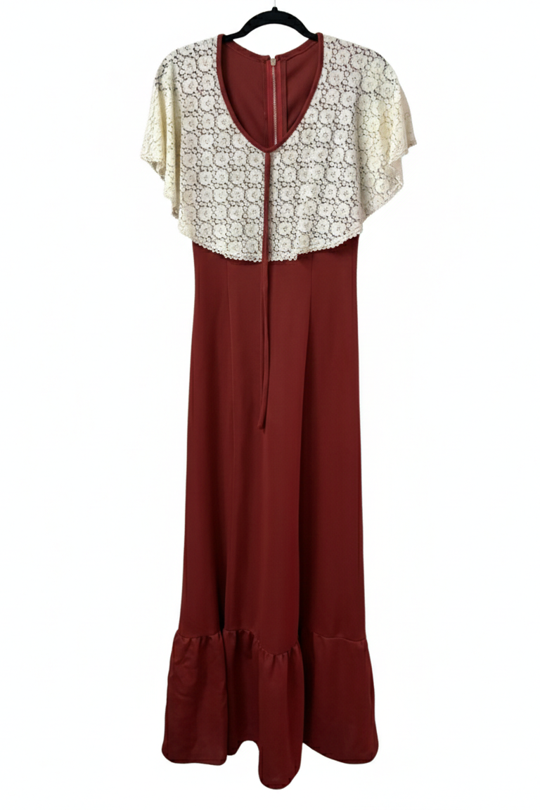 70's Lace Maxi Dress London Vintage | Bordeaux Cape Sleeve Stretch Dress