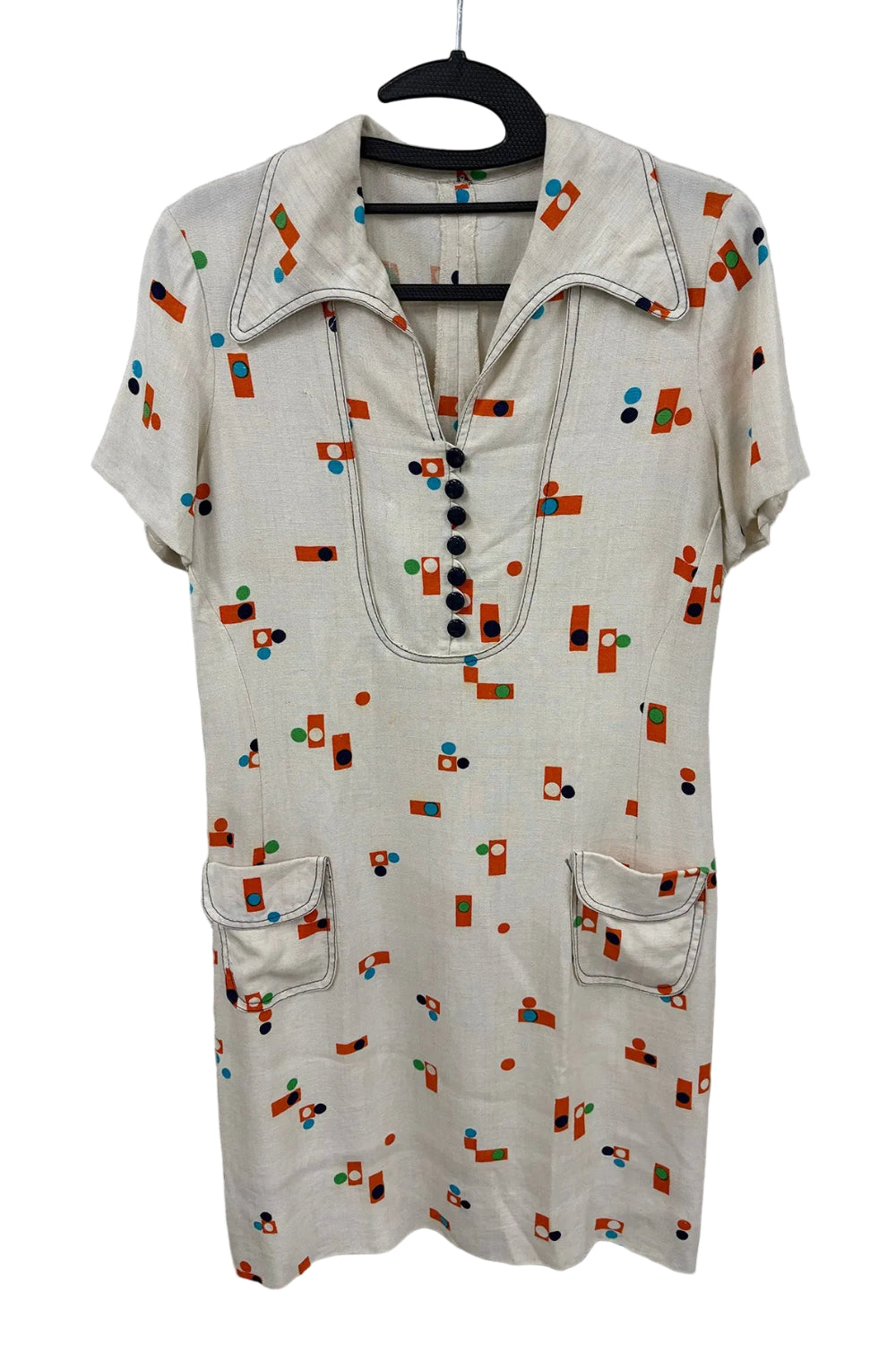 70's Vintage French Pop Print Mini Dress with Bunny Ear Collar