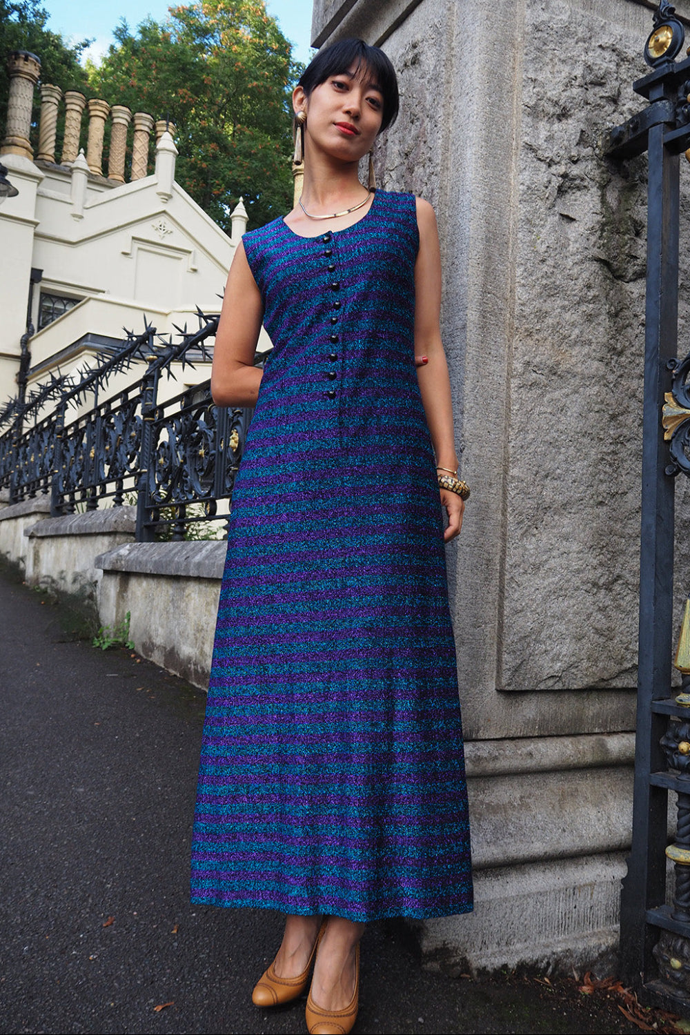 60's Vintage Jerseycourt by Elsie Whiteley Blue & Purple Glitter Maxi Dress