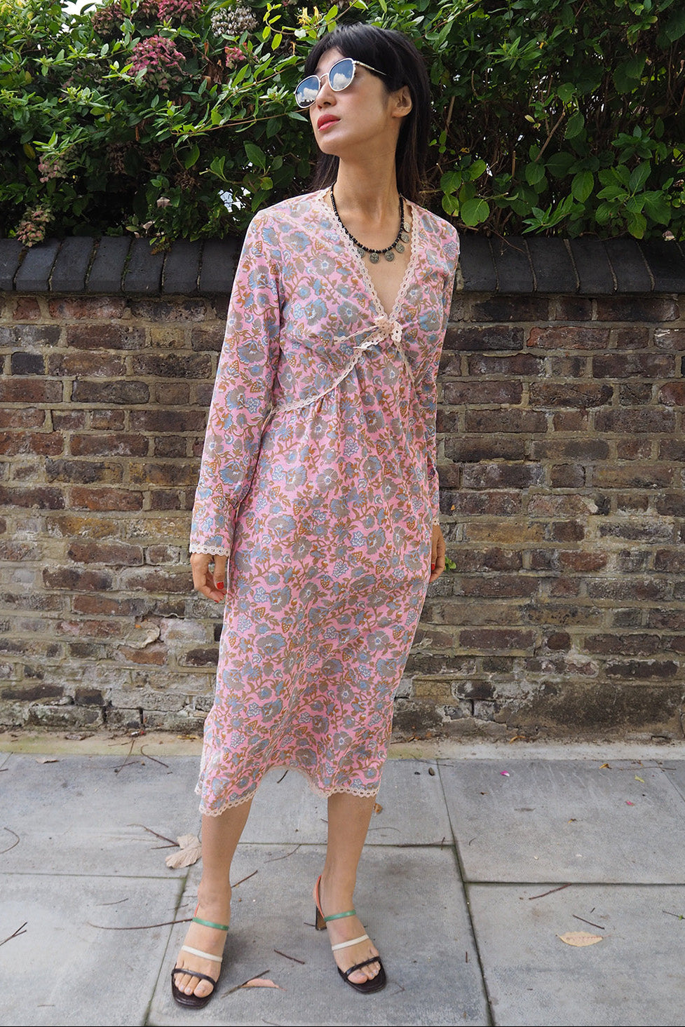 70's Pink Dress London Vintage | Baby Pink Sheer Floral Greek Style