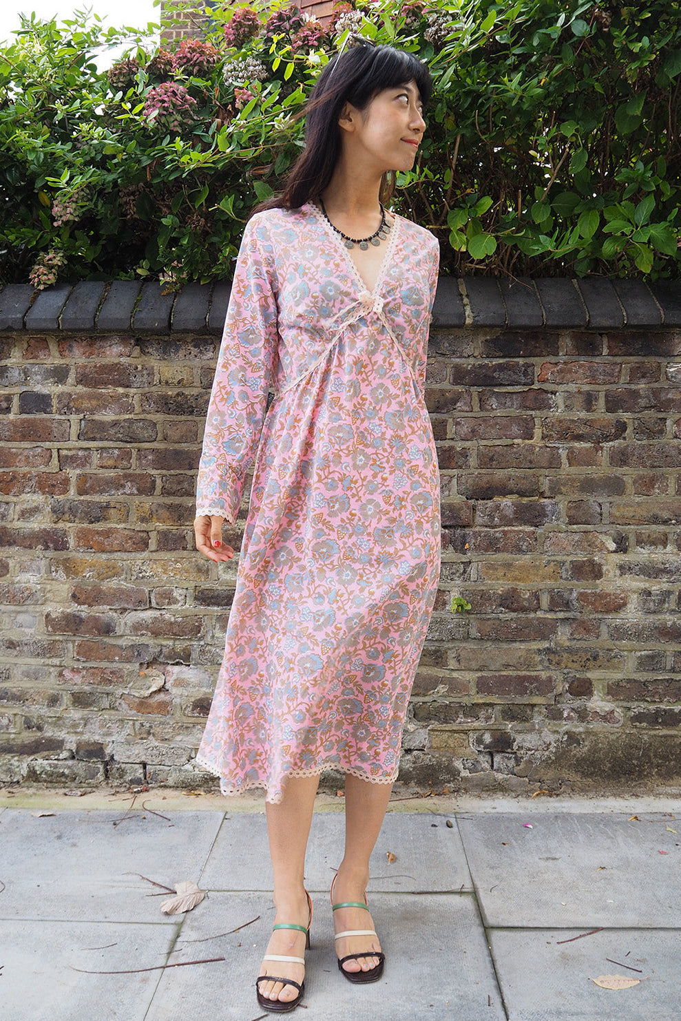 70's Pink Dress London Vintage | Baby Pink Sheer Floral Greek Style