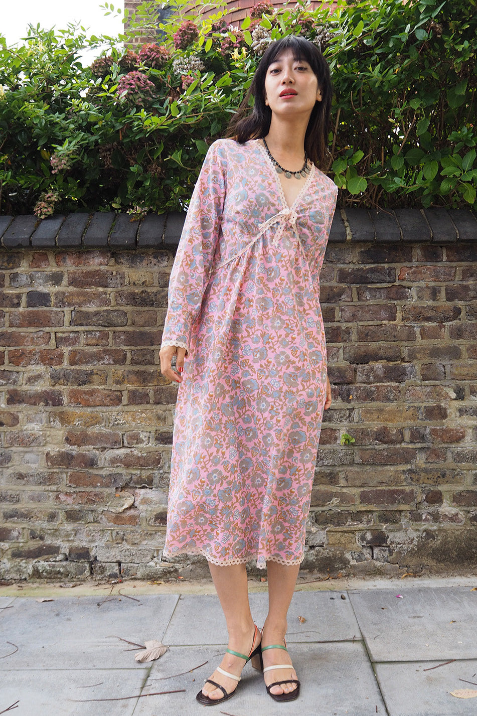 70's Pink Dress London Vintage | Baby Pink Sheer Floral Greek Style