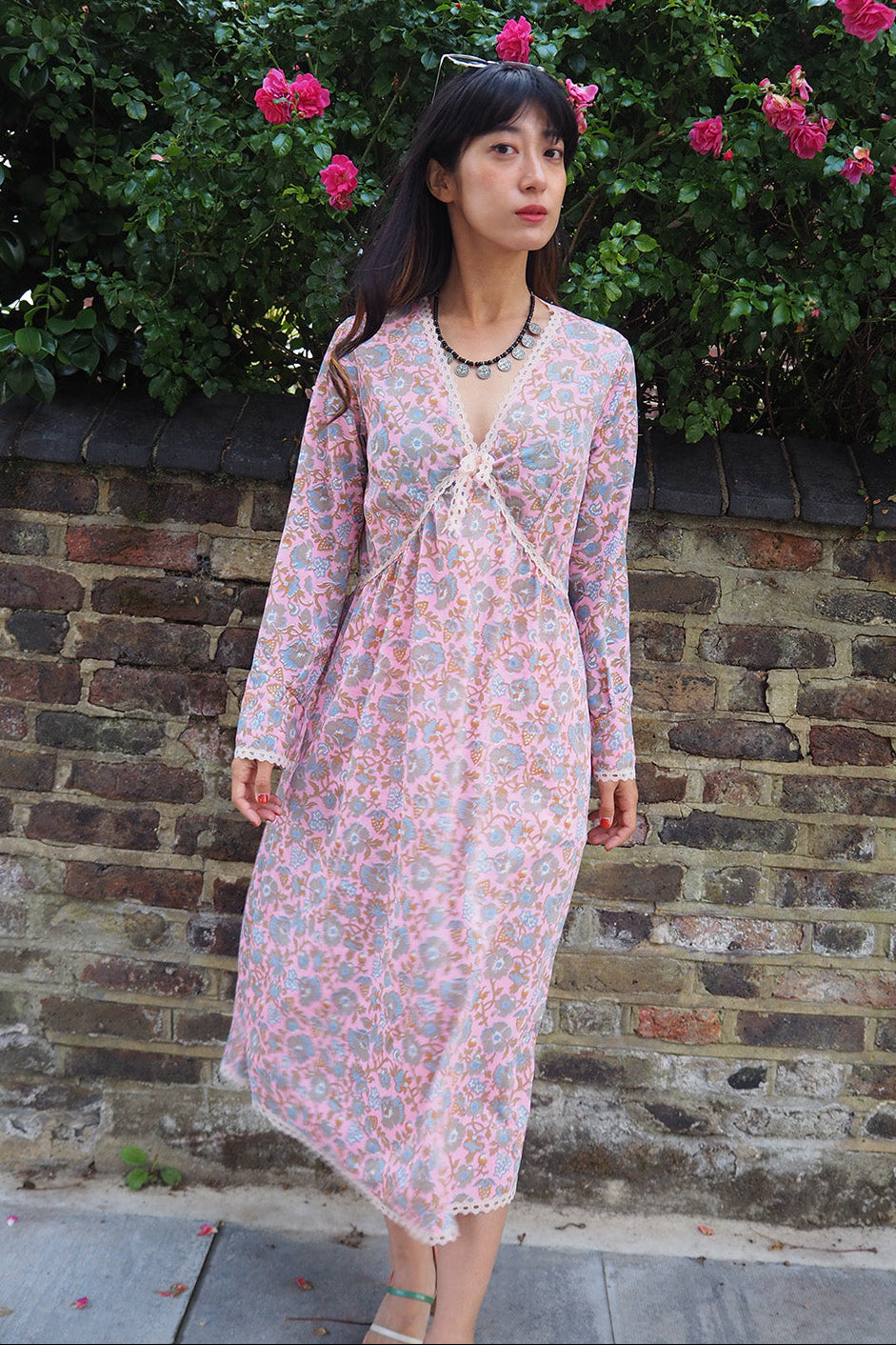 70's Pink Dress London Vintage | Baby Pink Sheer Floral Greek Style