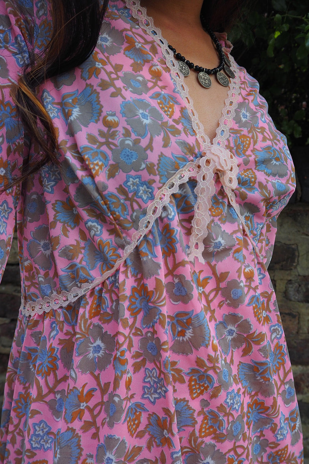 70's Pink Dress London Vintage | Baby Pink Sheer Floral Greek Style