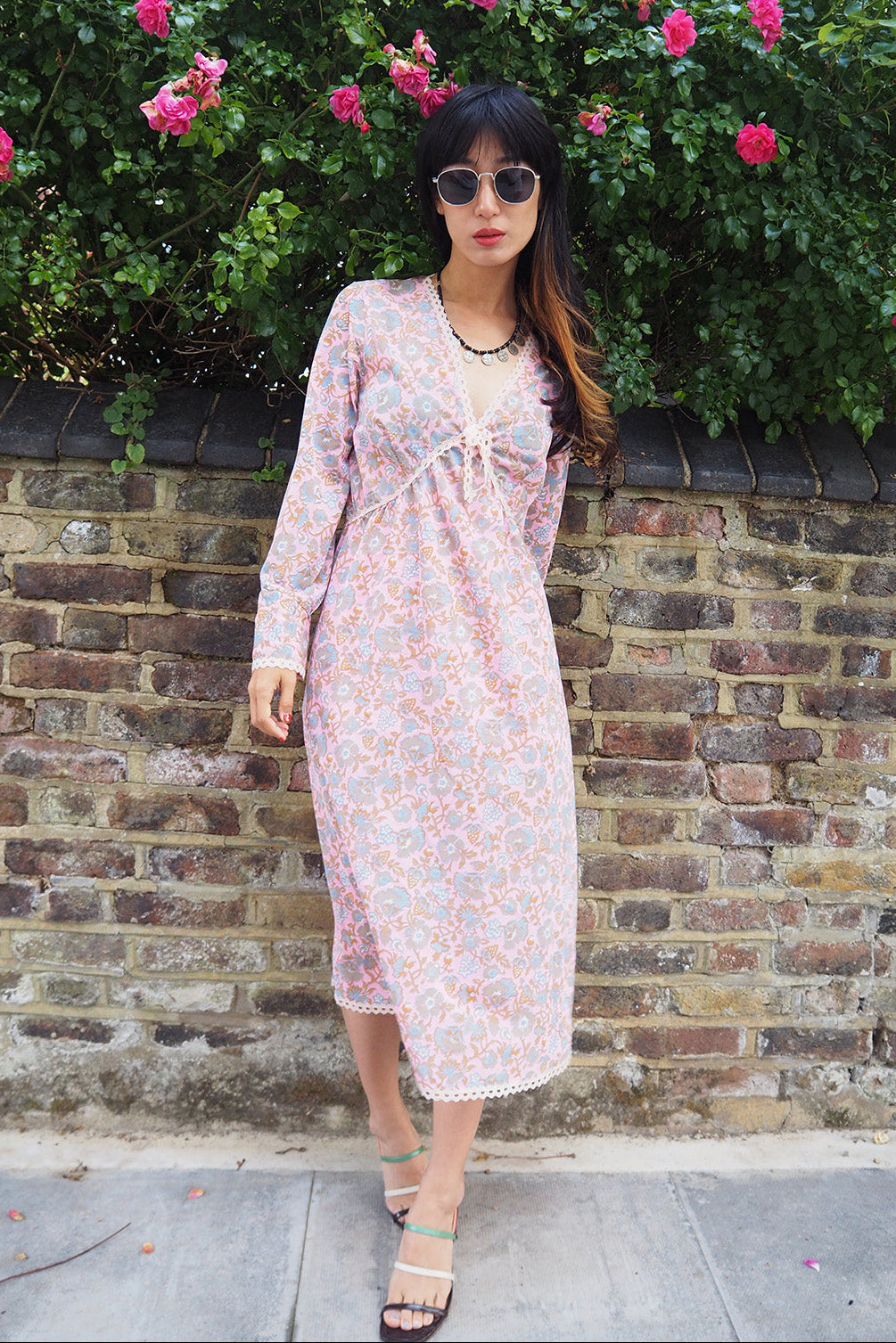 70's Pink Dress London Vintage | Baby Pink Sheer Floral Greek Style