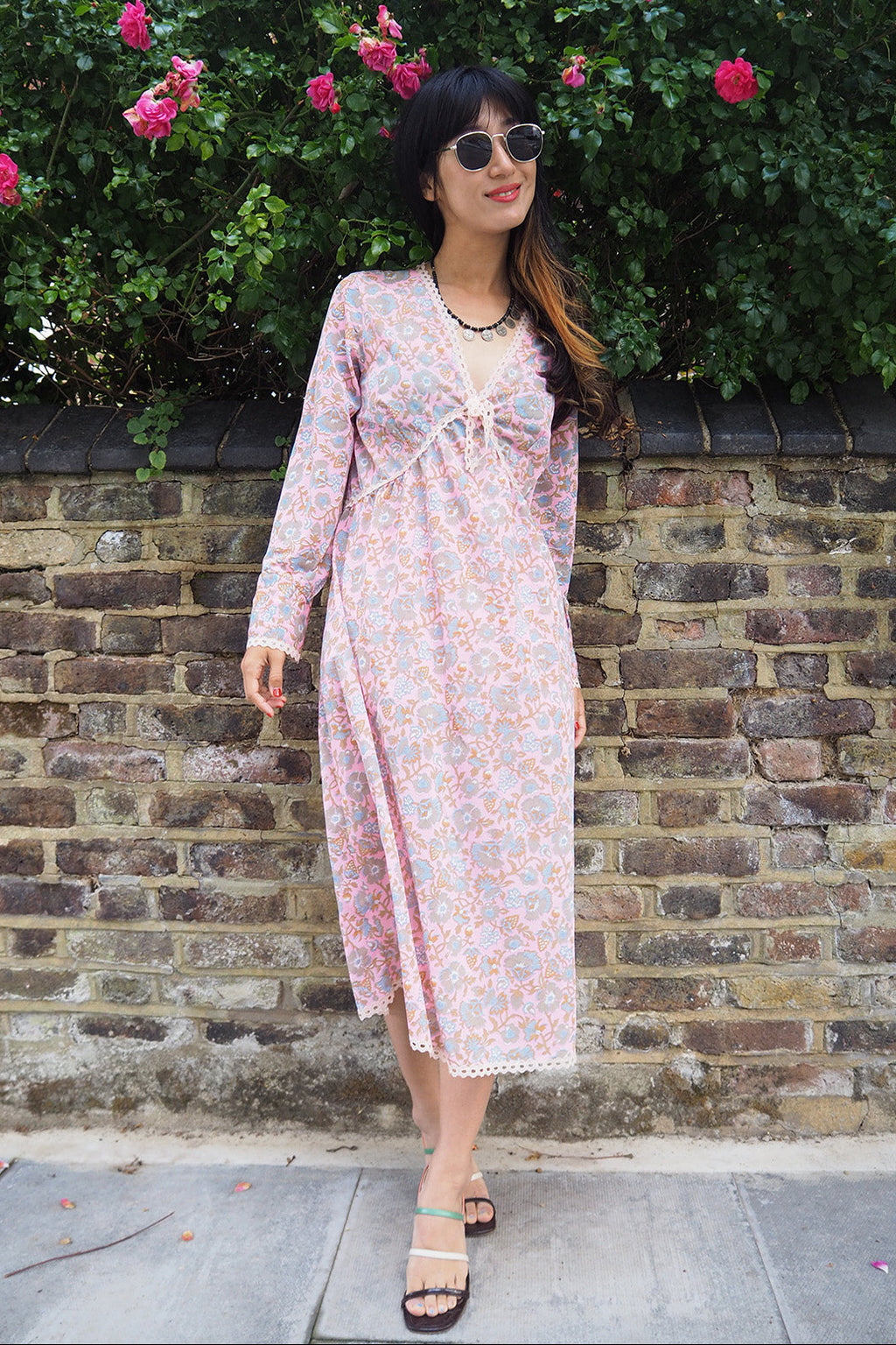 70's Pink Dress London Vintage | Baby Pink Sheer Floral Greek Style