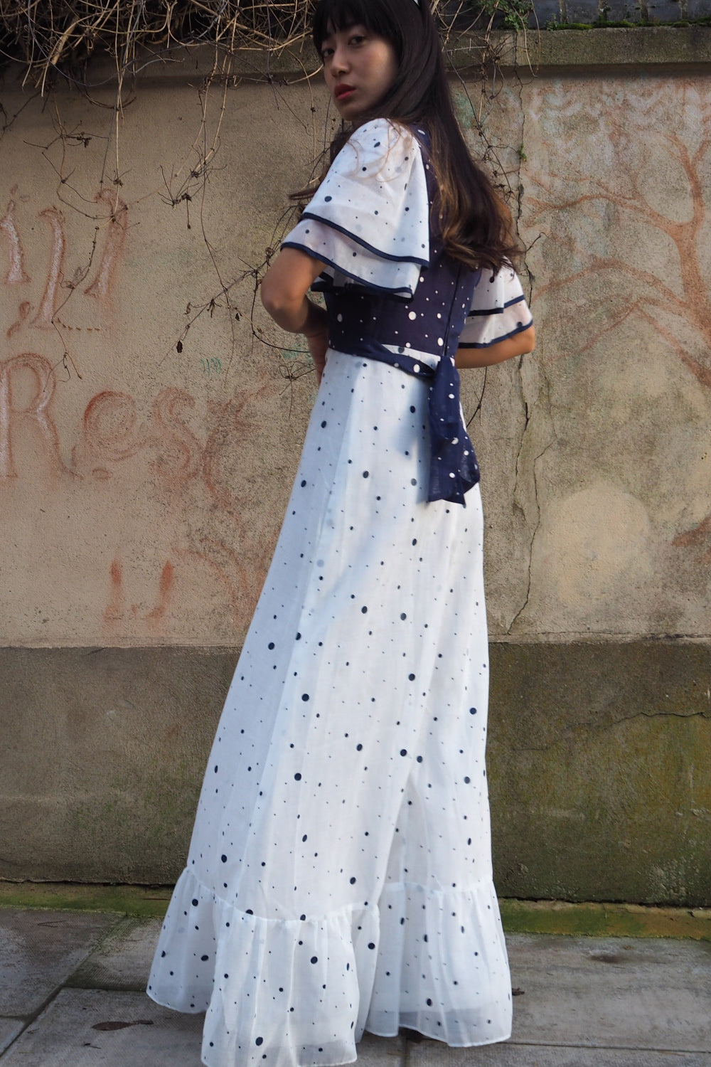 Vintage Richard Shops 70s Sheer Maxi Dress - White Navy Polka Dots