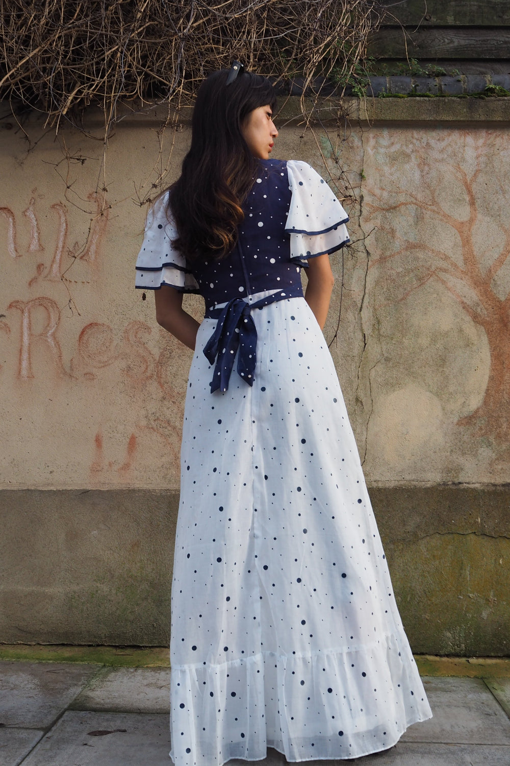 Vintage Richard Shops 70s Sheer Maxi Dress - White Navy Polka Dots