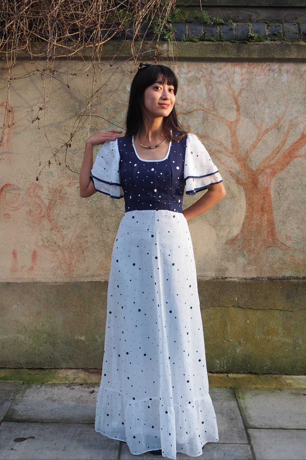 Vintage Richard Shops 70s Sheer Maxi Dress - White Navy Polka Dots