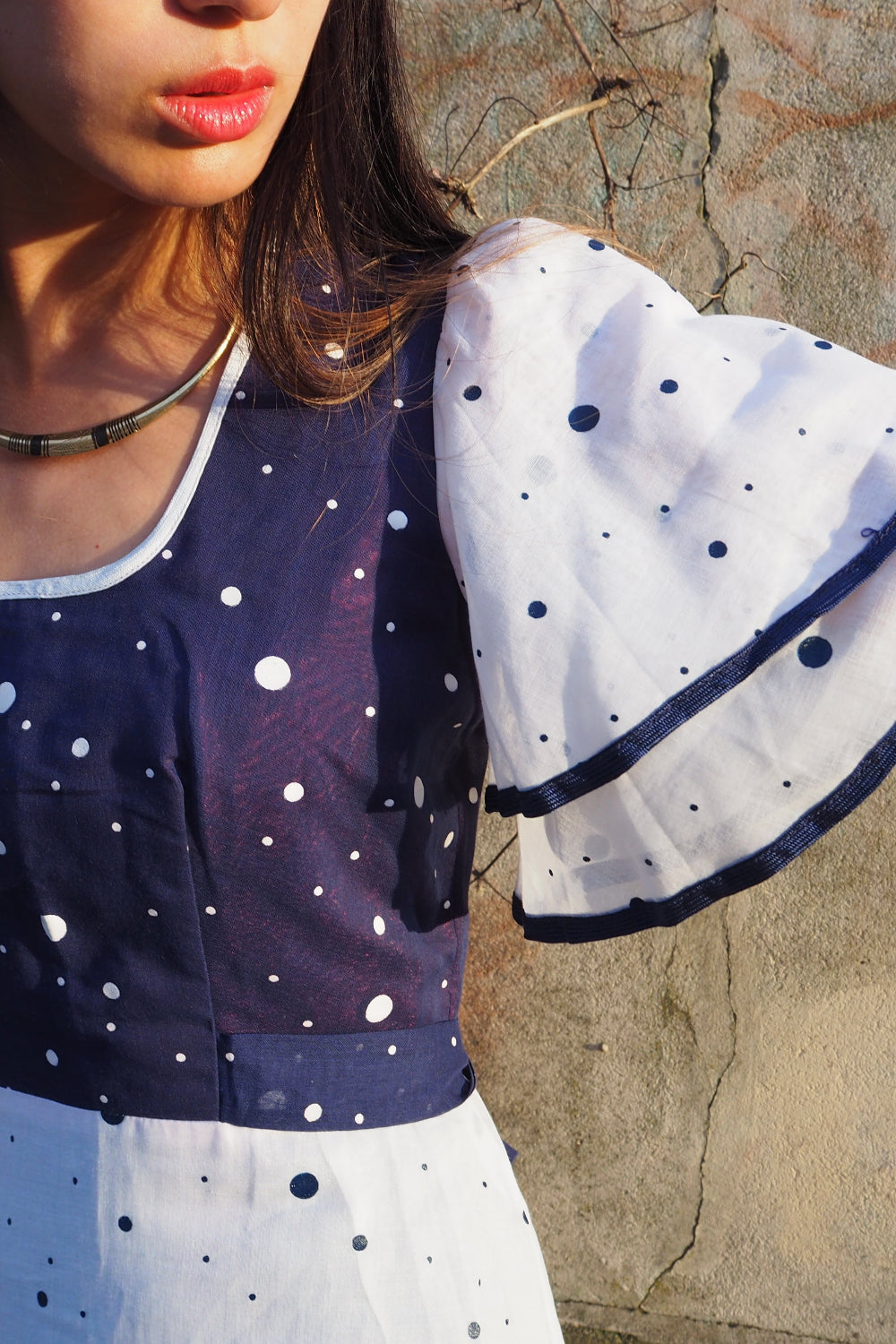 Vintage Richard Shops 70s Sheer Maxi Dress - White Navy Polka Dots