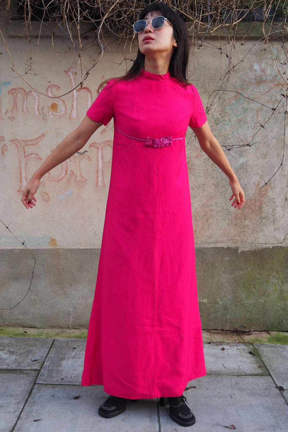 60s maxi dress 60s hot pink maxi dress with velvet bow | 60s-70s shocking pink maxi dress