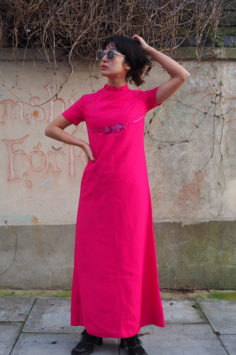 60s hot pink maxi dress with velvet bow