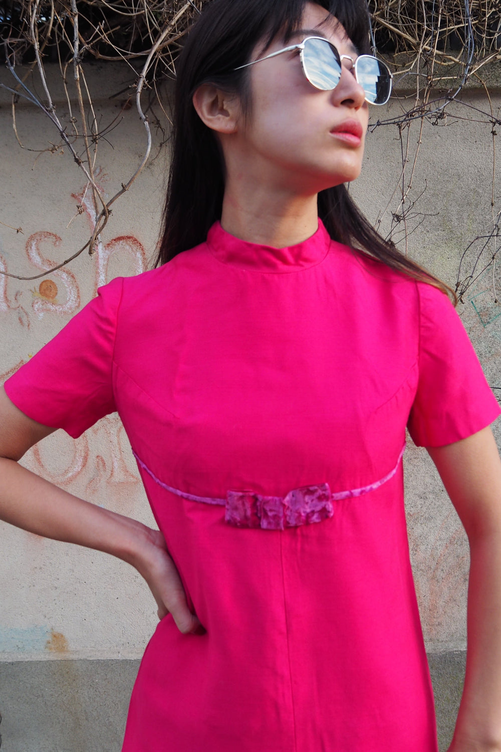 60s hot pink maxi dress with velvet bow
