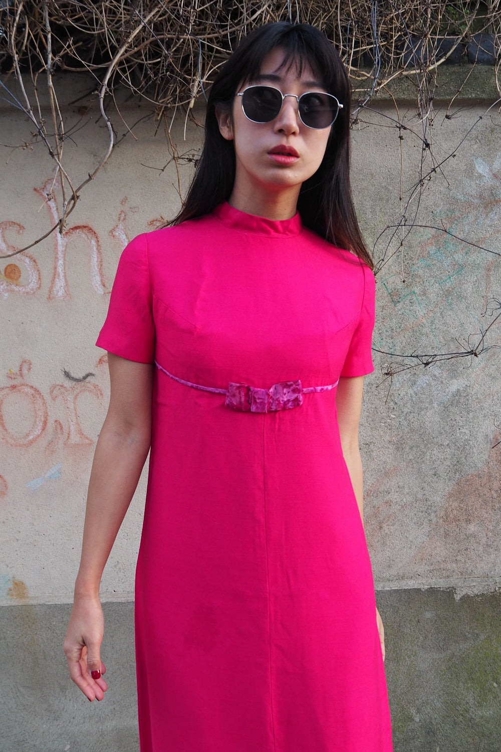 hot pink 60s dress 1960s Hot Pink Chiffon Party Dress with Silver Lam Waistline | Disco