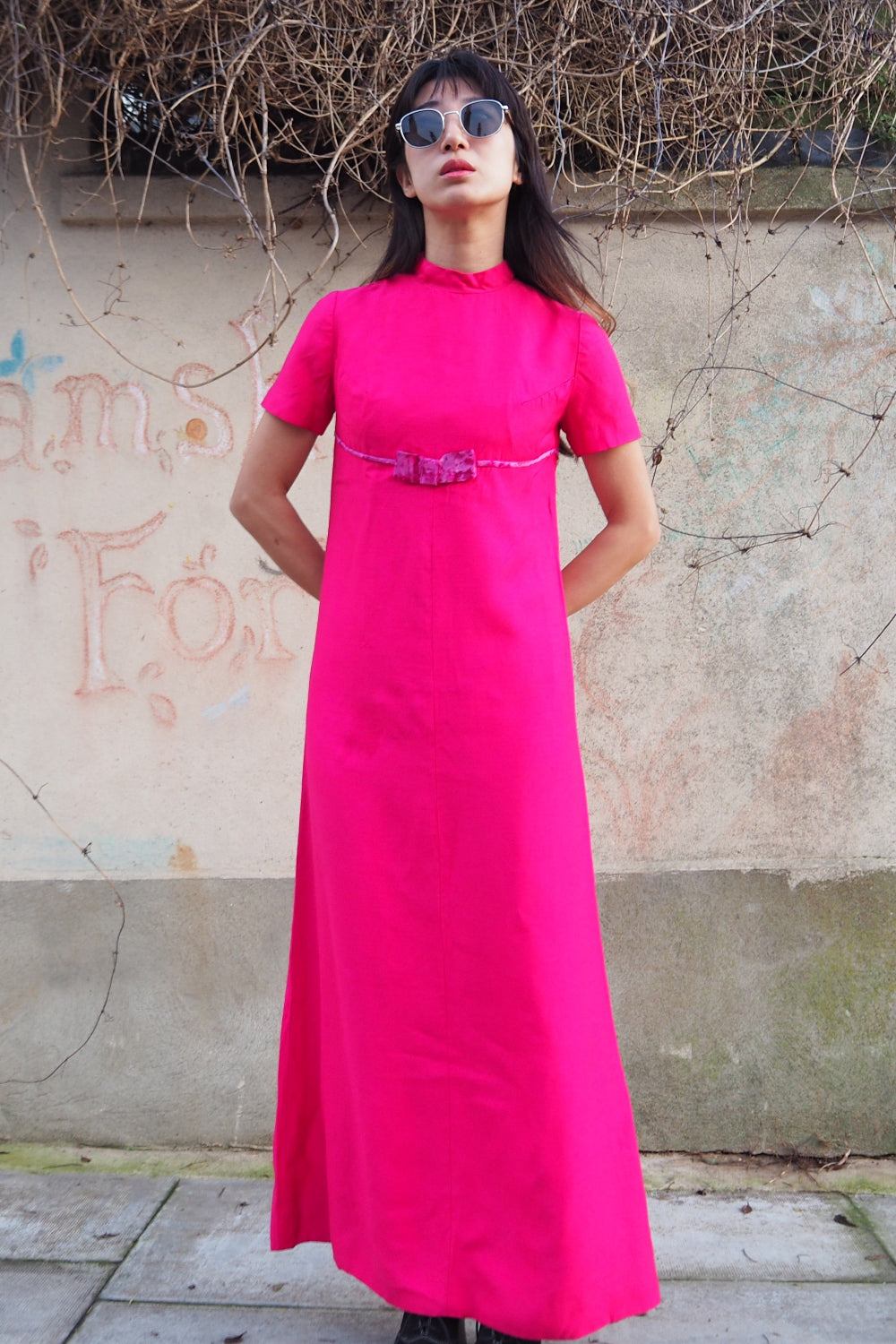 60s hot pink maxi dress with velvet bow
