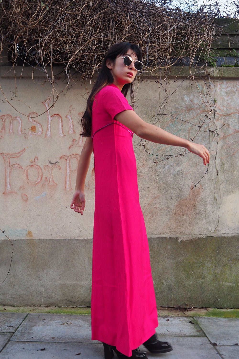 60s hot pink maxi dress with velvet bow