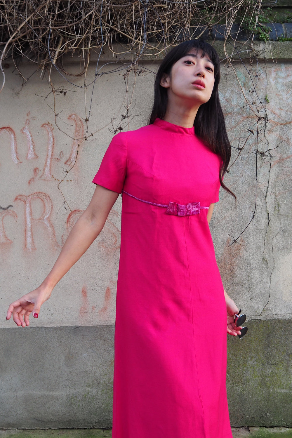 60s hot pink maxi dress with velvet bow