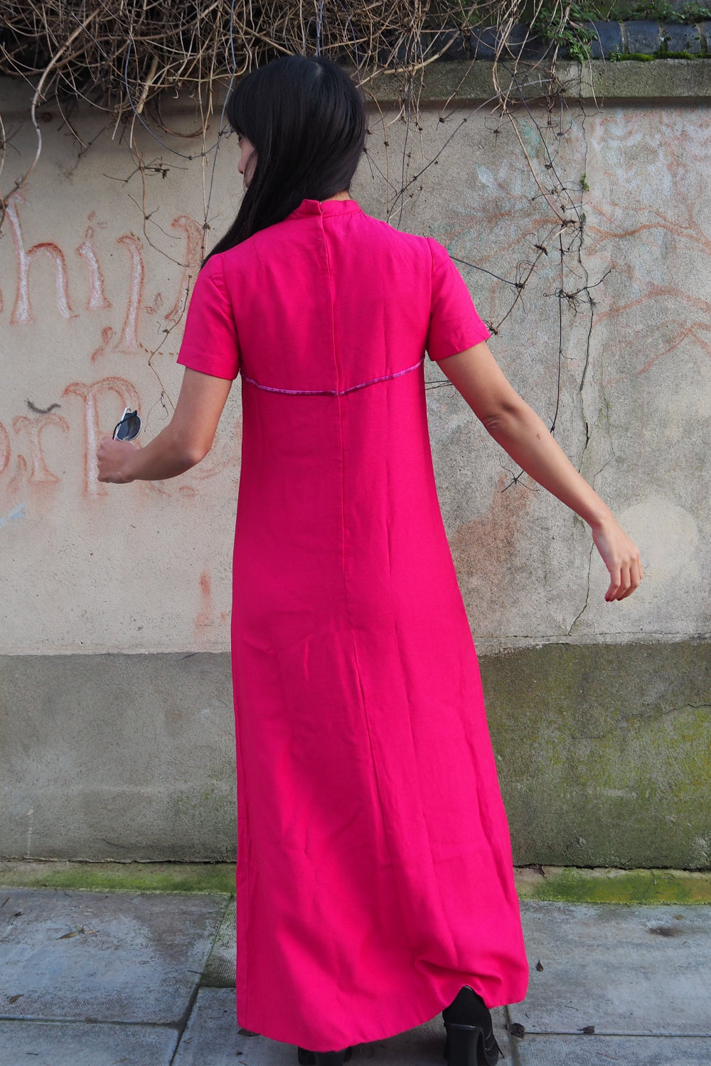 60s hot pink maxi dress with velvet bow