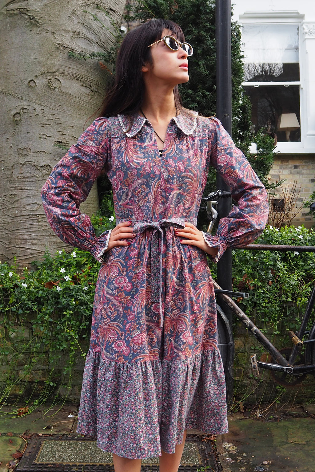 Vintage Vivien Smith Floral Dress Navy/Plum Purple