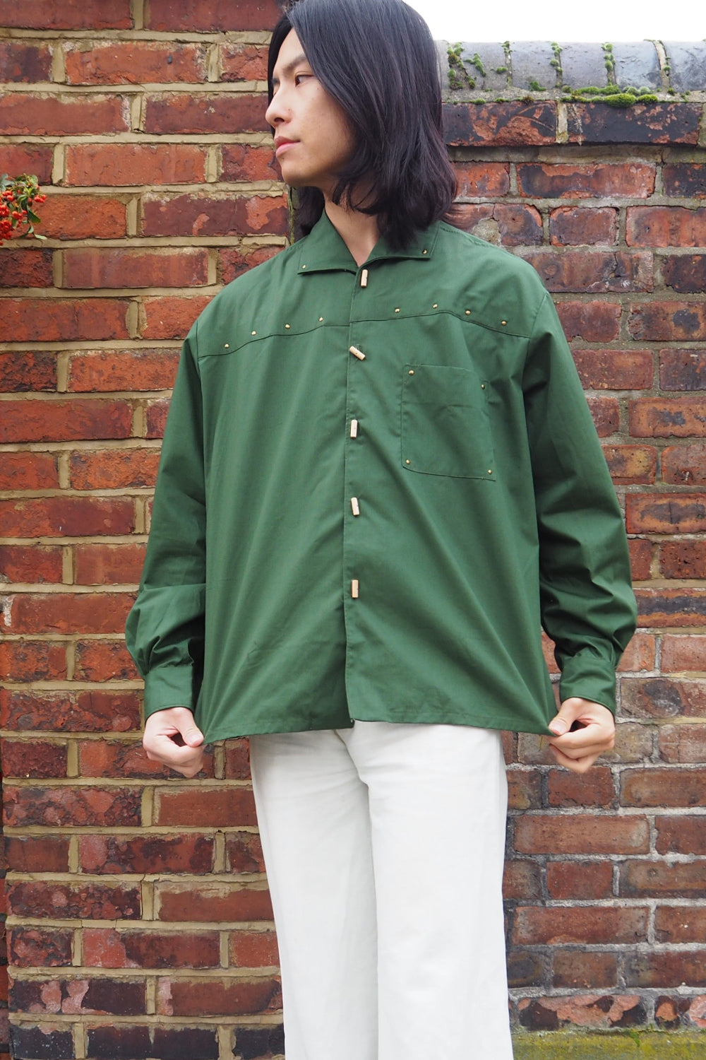 70s Deadstock French Toggle Button Kahki Work Shirt - Ferjane