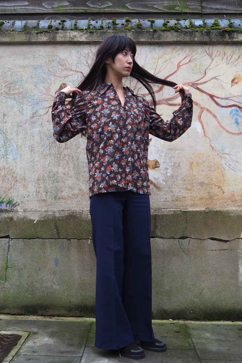 70's Bohemian Floral Brown Shirt