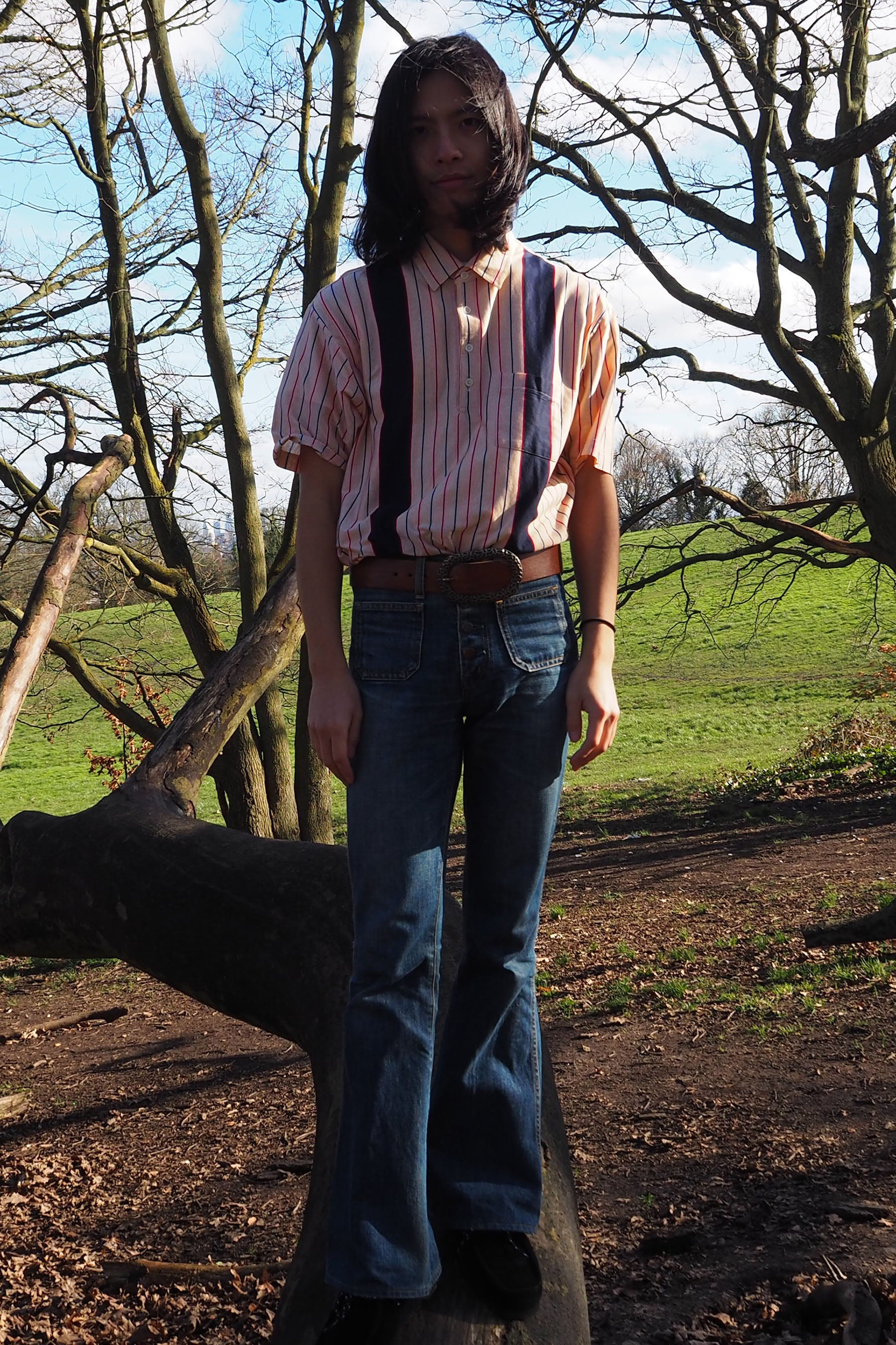 70's Peter Brown Striped Shirts Orange/Navy