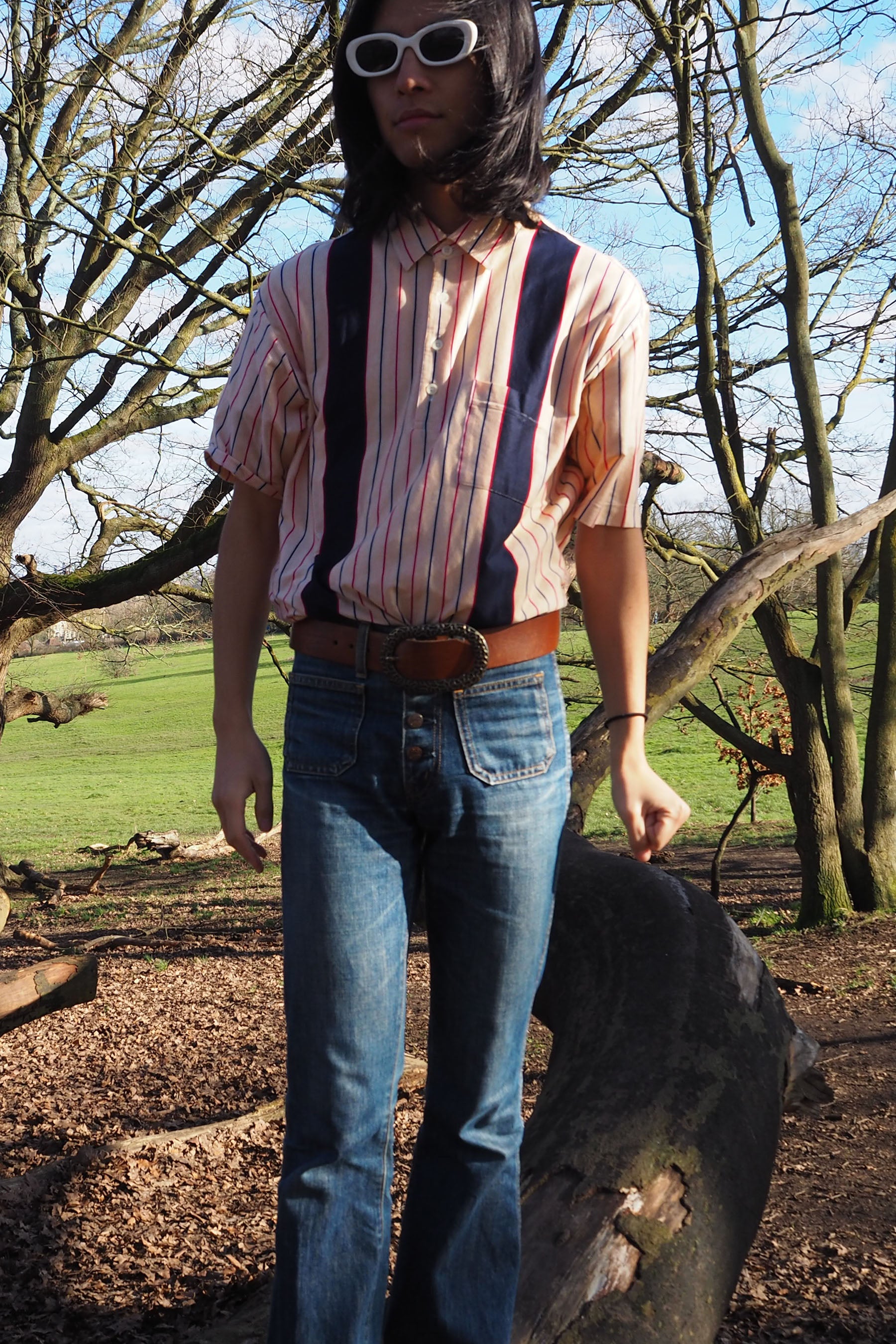 70's Peter Brown Striped Shirts Orange/Navy