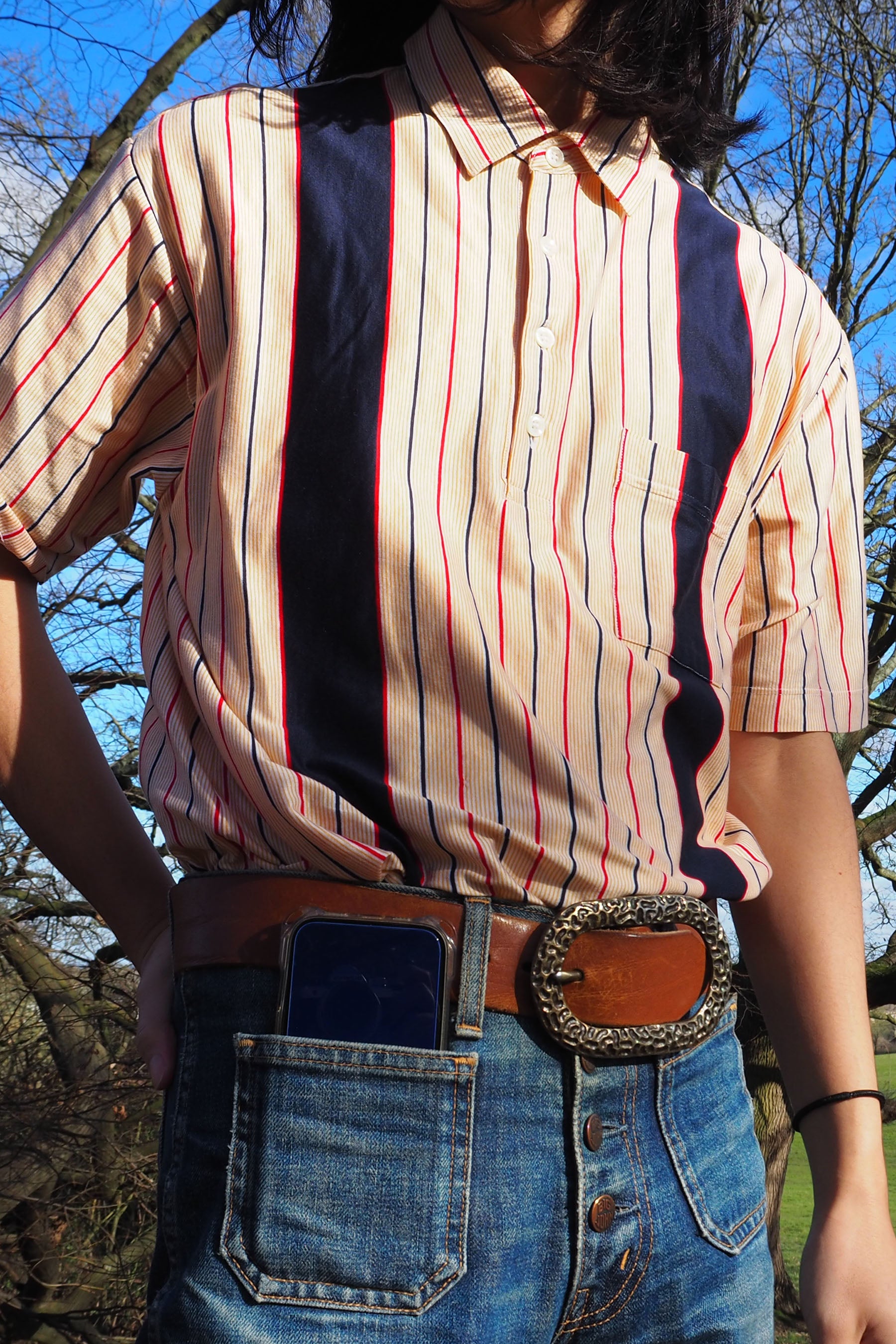 70's Peter Brown Striped Shirts Orange/Navy