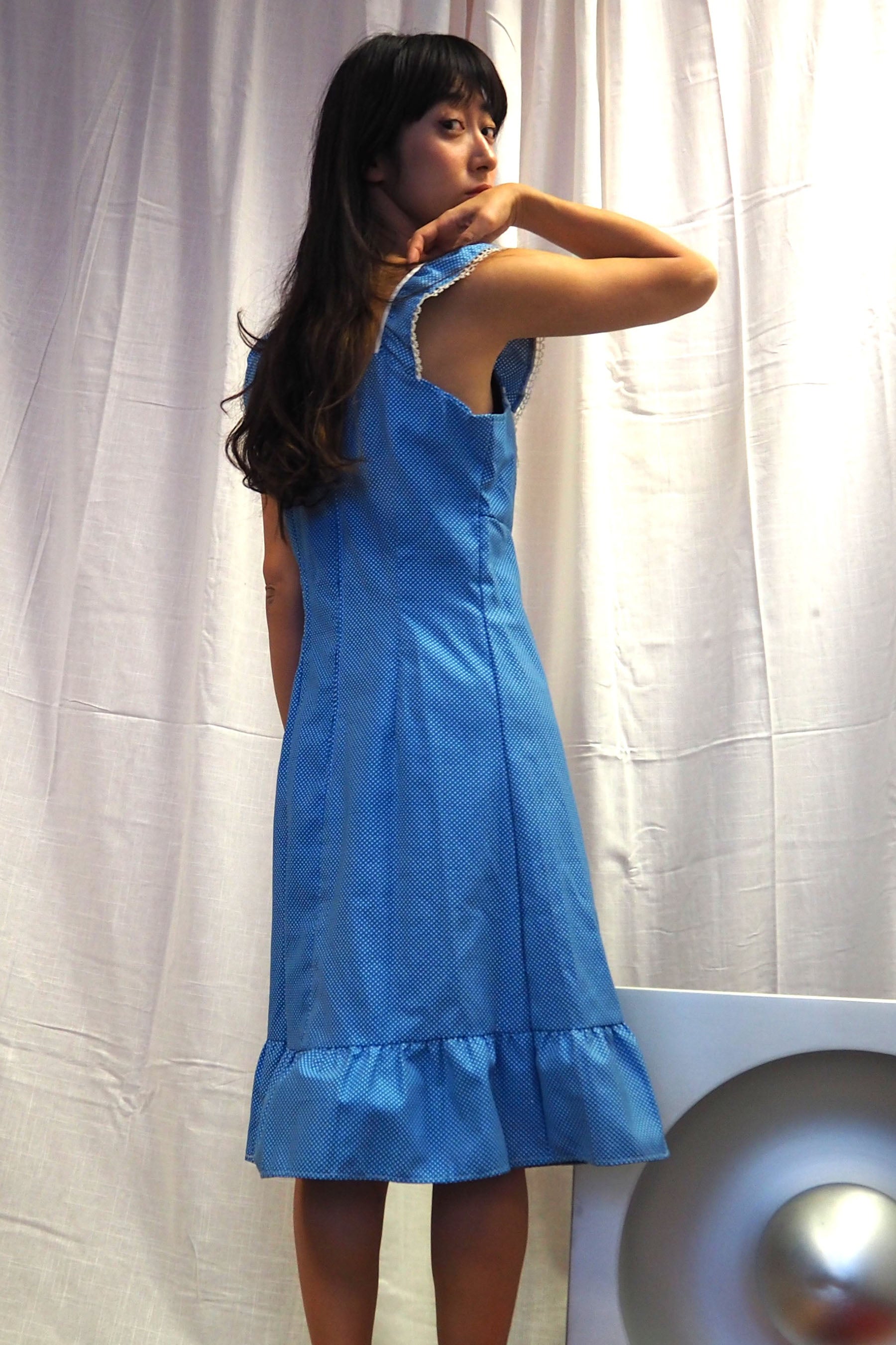 70's Sofinyl Polka Dot Dress Blue　deadstock