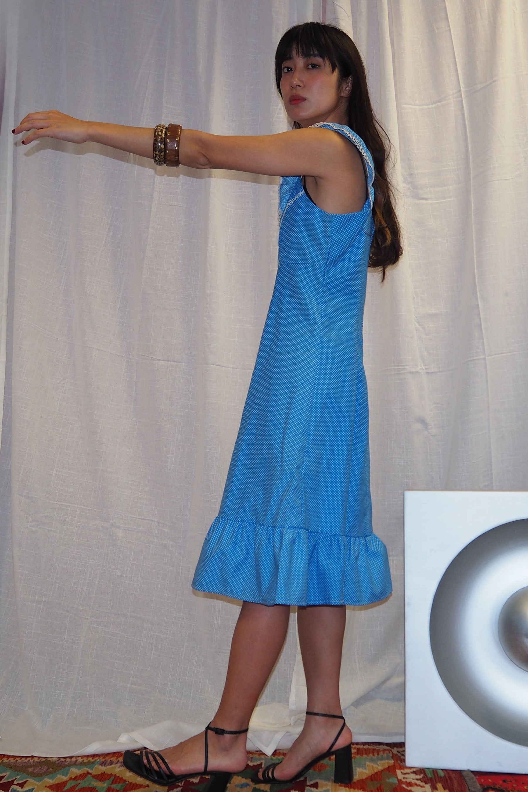 70's Sofinyl Polka Dot Dress Blue　deadstock