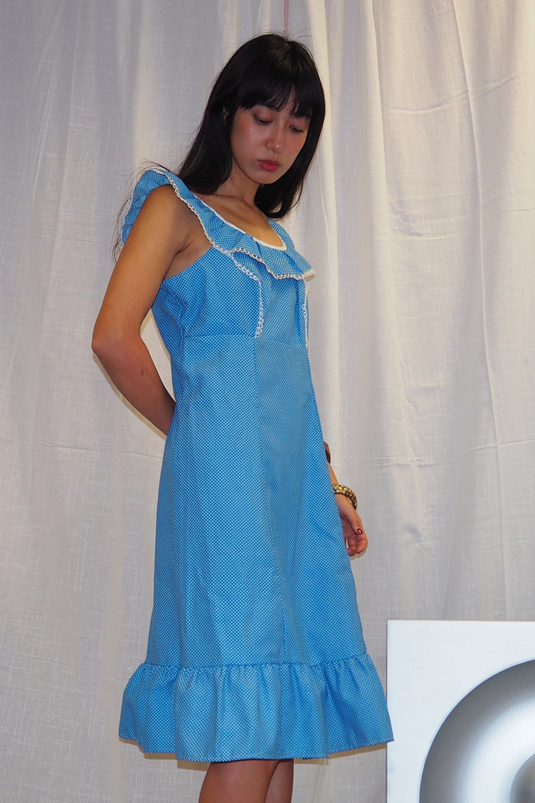 70's Sofinyl Polka Dot Dress Blue　deadstock