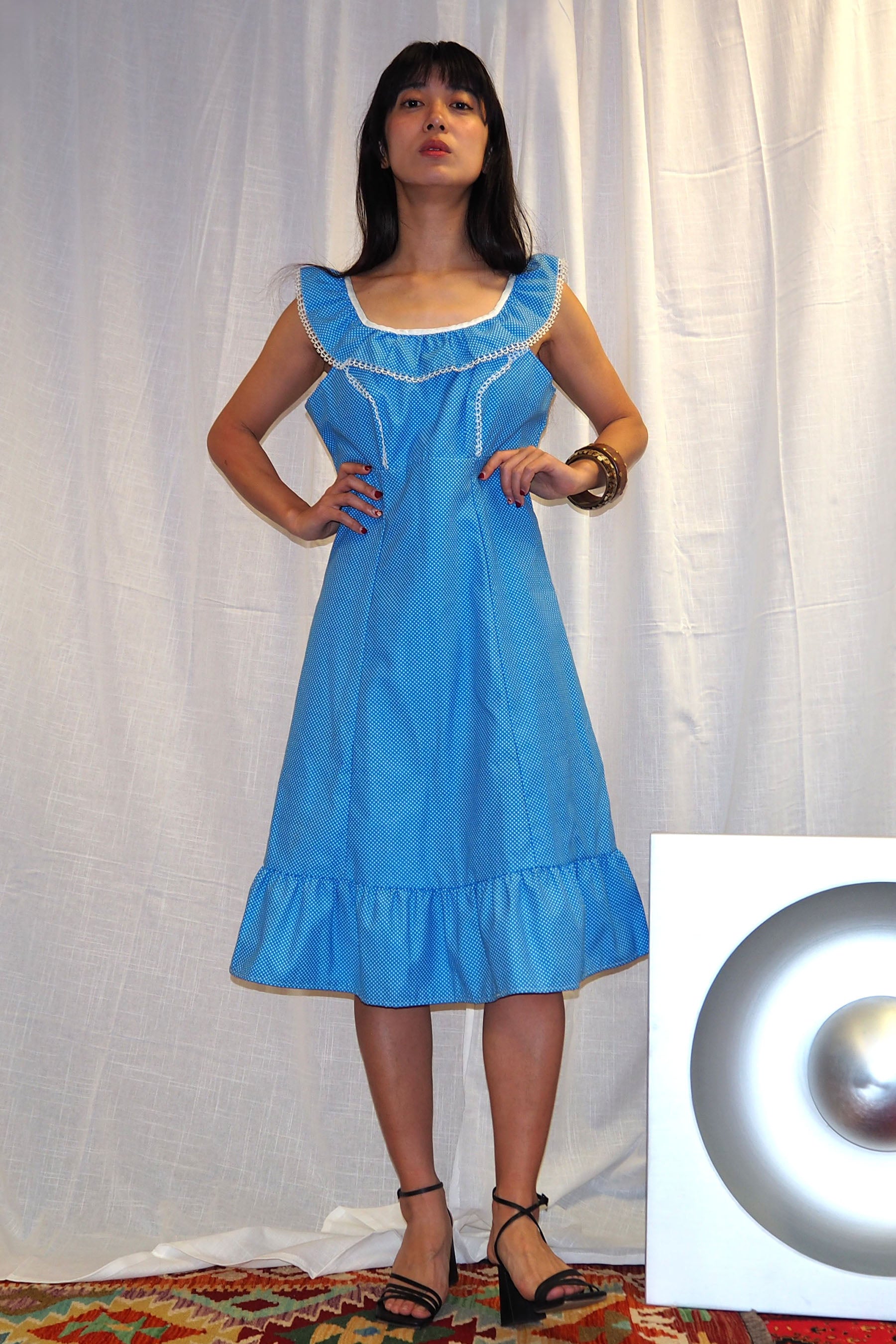 70's Sofinyl Polka Dot Dress Blue　deadstock