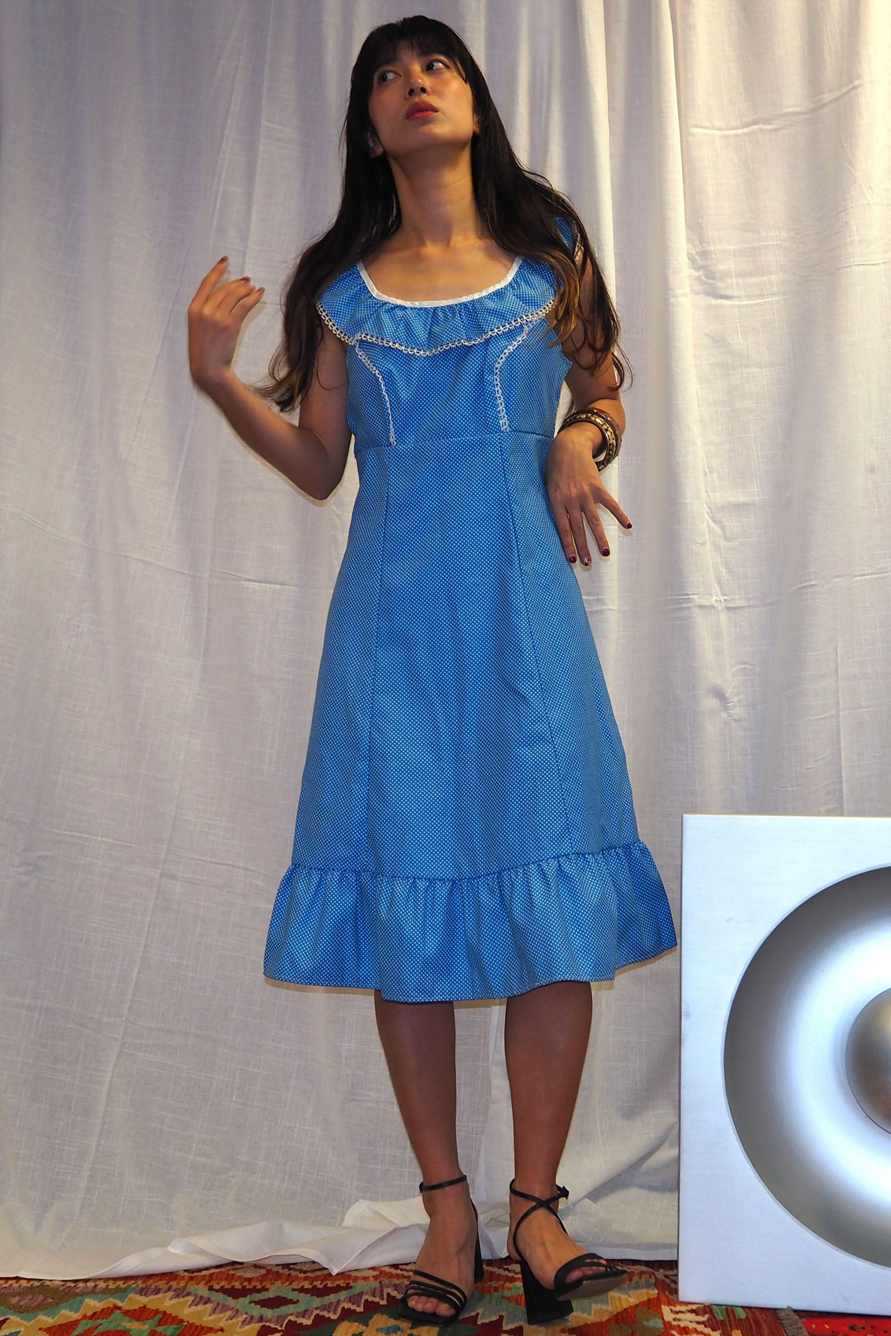 70's Sofinyl Polka Dot Dress Blue　deadstock