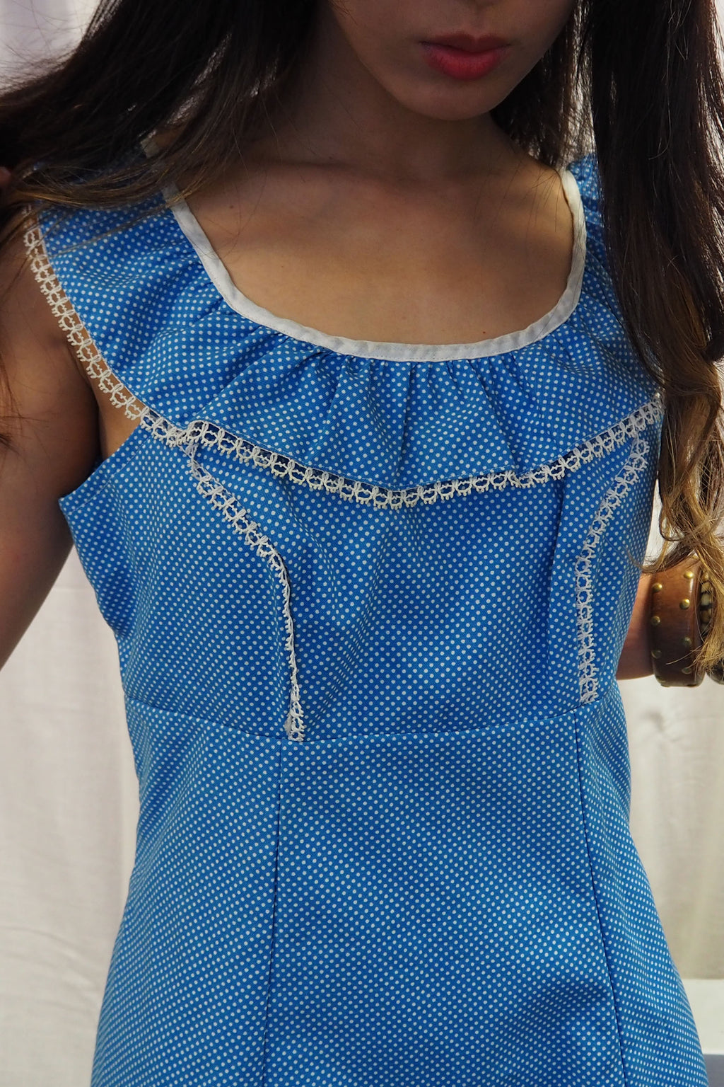 70's Sofinyl Polka Dot Dress Blue　deadstock