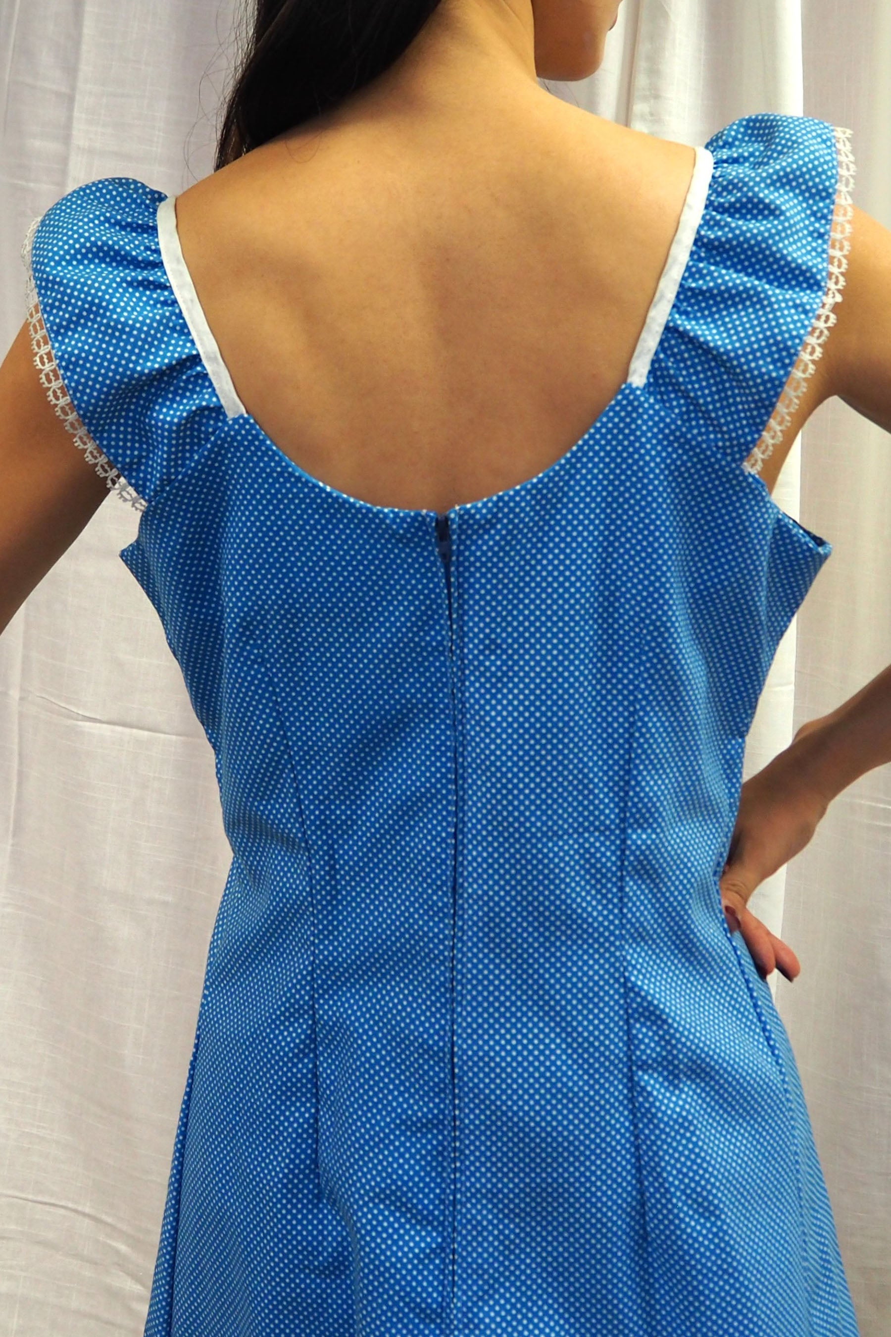 70's Sofinyl Polka Dot Dress Blue　deadstock