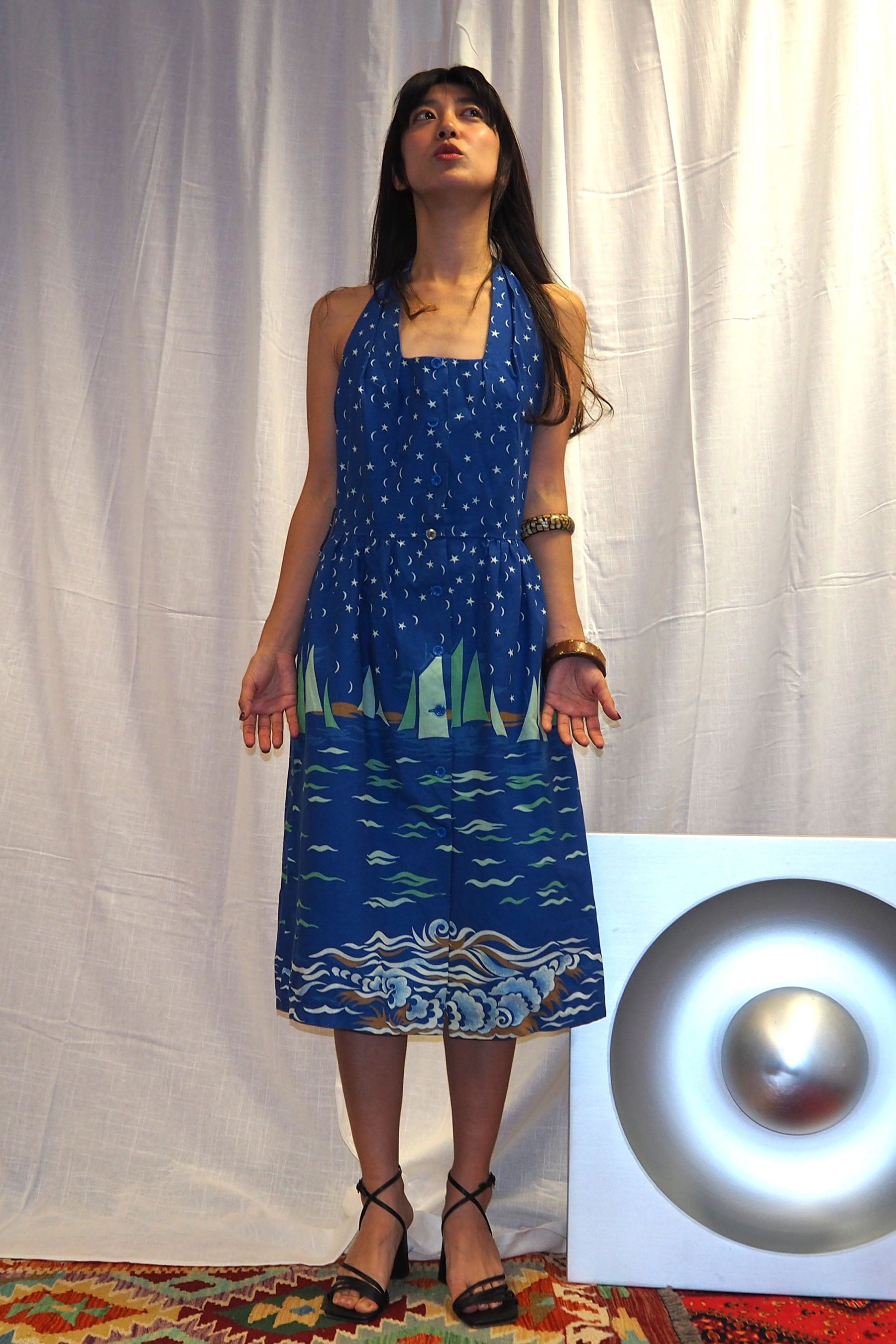 70's Lucie Linden Halter Neck Summer Dress Blue